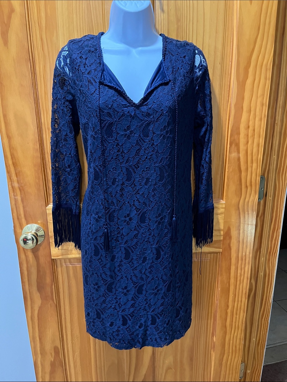 Beautiful Boston Proper Navy Lace Long-Sleeve Dress with fringe on sleeves